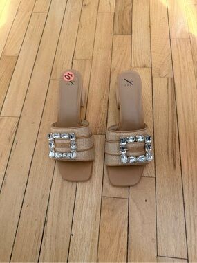 Bejeweled Tan Slide Sandals - Women